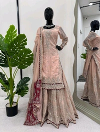 Prayosha Faux Georgette Thread & Sequins Work Sharara Set with Lace Border and Rivet Moti - XL