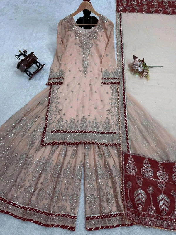 Prayosha Faux Georgette Thread & Sequins Work Sharara Set with Lace Border and Rivet Moti - XL