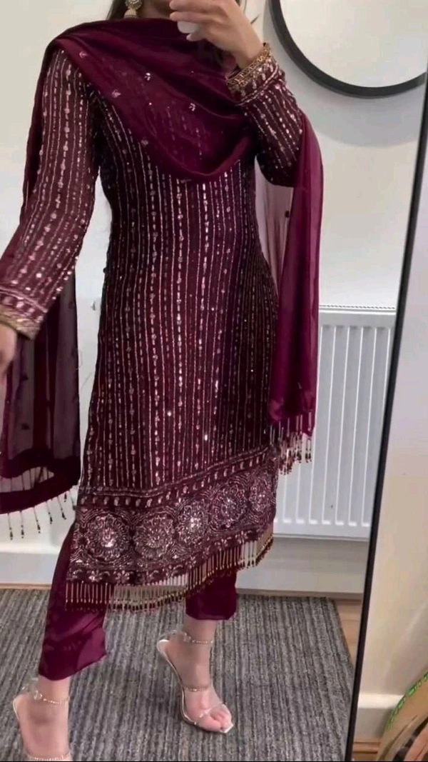 Prayosha Faux Georgette Real Mirror & Latkan Work Top with Micro Pants & Sequined Dupatta - XL