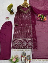 Prayosha Faux Georgette Real Mirror & Latkan Work Top with Micro Pants & Sequined Dupatta - XL