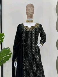 Prayosha Faux Georgette Real Mirror & Latkan Work Top with Micro Pant & Sequined Dupatta - M