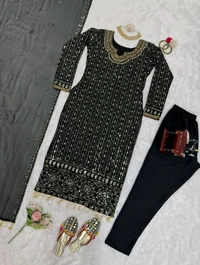 Prayosha Faux Georgette Real Mirror & Latkan Work Top with Micro Pant & Sequined Dupatta - M