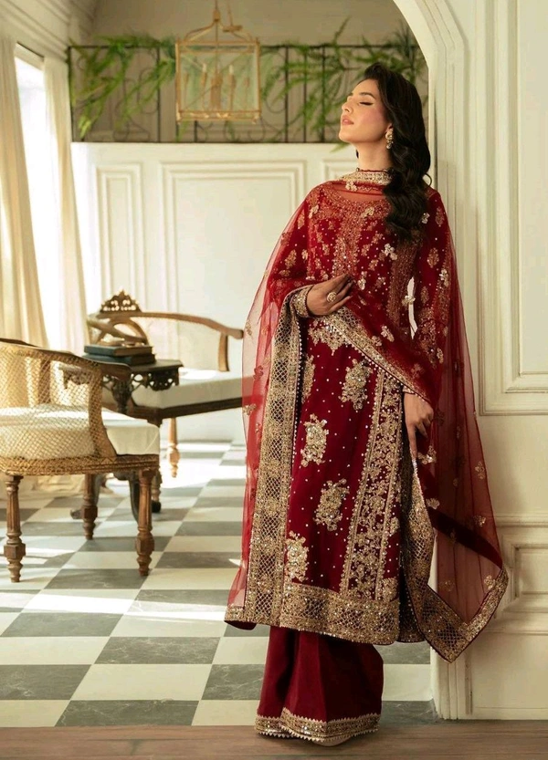 Prayosha Faux Georgette Thread & Sequin Work Top with Plazzo and Soft Net Dupatta - M