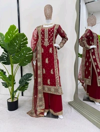 Prayosha Faux Georgette Thread & Sequin Work Top with Plazzo and Soft Net Dupatta - M
