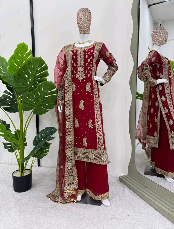Prayosha Faux Georgette Thread & Sequin Work Top with Plazzo and Soft Net Dupatta - M