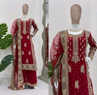 Prayosha Faux Georgette Thread & Sequin Work Top with Plazzo and Soft Net Dupatta - M