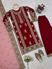 Prayosha Faux Georgette Thread & Sequin Work Top with Plazzo and Soft Net Dupatta - M