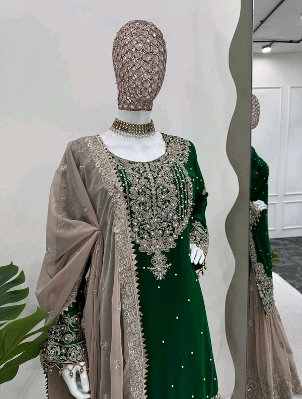 Prayosha Elegant Faux Georgette Coding & Sequence Work Suit Set with Sharara and Dupatta - L