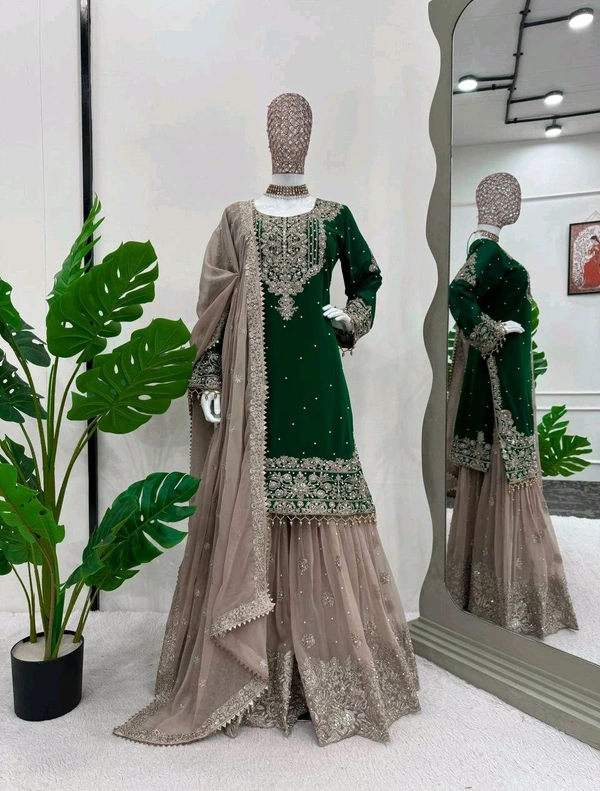 Prayosha Elegant Faux Georgette Coding & Sequence Work Suit Set with Sharara and Dupatta - L