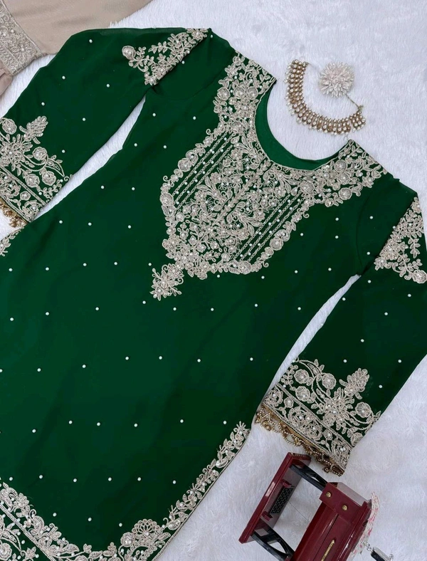 Prayosha Elegant Faux Georgette Coding & Sequence Work Suit Set with Sharara and Dupatta - L