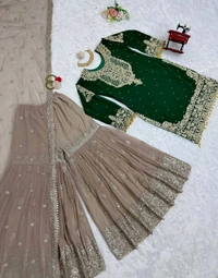 Prayosha Elegant Faux Georgette Coding & Sequence Work Suit Set with Sharara and Dupatta - L