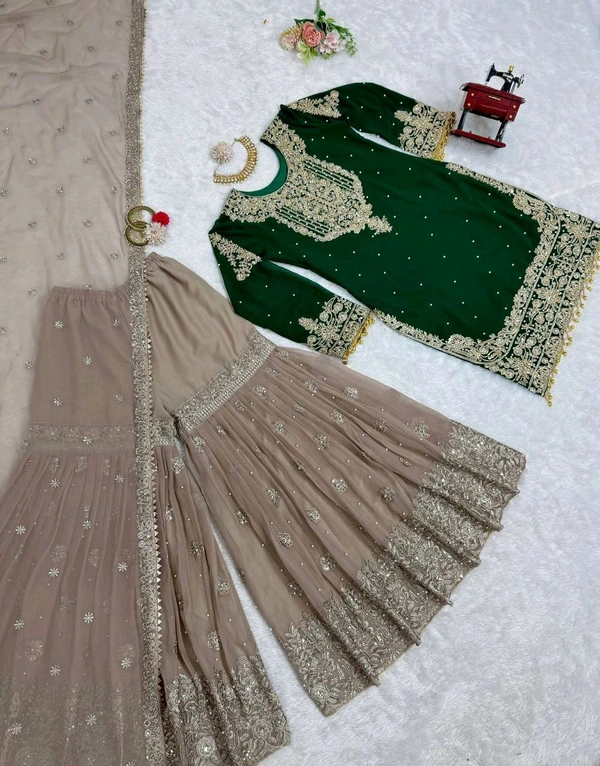 Prayosha Elegant Faux Georgette Coding & Sequence Work Suit Set with Sharara and Dupatta - L