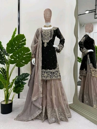 Prayosha Festive Faux Georgette Coding & Sequence Work Suit Set with Sharara and Dupatta - XXL