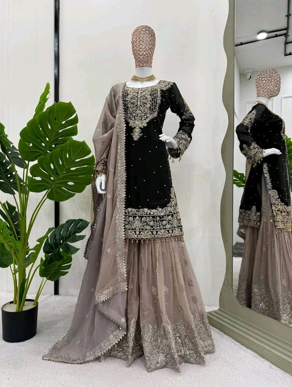 Prayosha Festive Faux Georgette Coding & Sequence Work Suit Set with Sharara and Dupatta - XXL