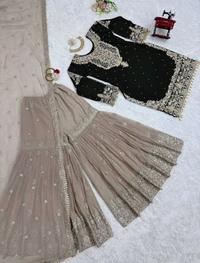 Prayosha Festive Faux Georgette Coding & Sequence Work Suit Set with Sharara and Dupatta - XXL