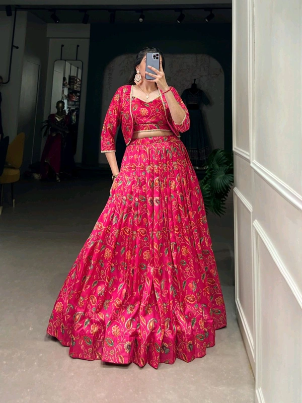 Fashion Hub Elegant Tussar Silk Floral Print Wedding Lehenga Set with Blouse & Koti - L