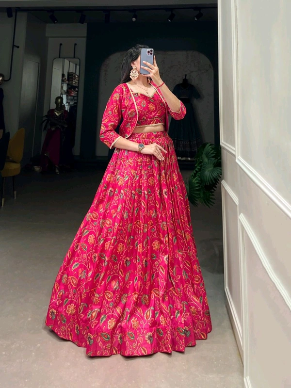 Fashion Hub Elegant Tussar Silk Floral Print Wedding Lehenga Set with Blouse & Koti - L