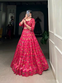 Fashion Hub Elegant Tussar Silk Floral Print Wedding Lehenga Set with Blouse & Koti - L