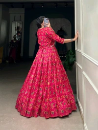 Fashion Hub Elegant Tussar Silk Floral Print Wedding Lehenga Set with Blouse & Koti - L
