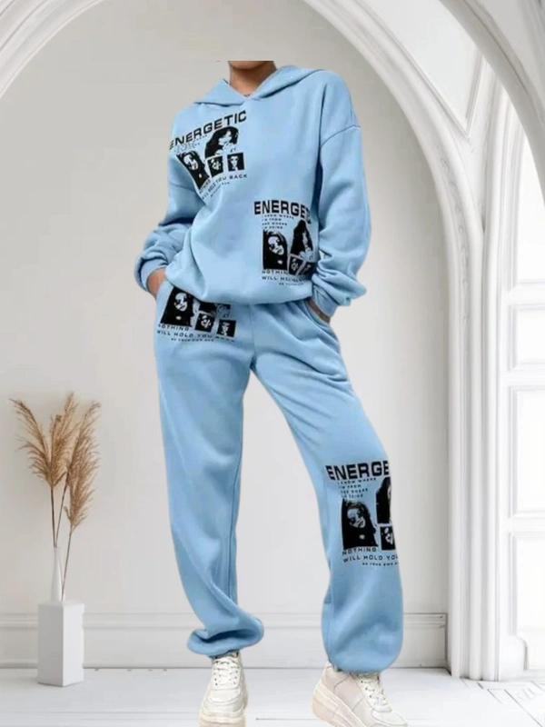 Neha Collection Energetic Hood and Lower Set - Cozy Woolen Wear - Sky Blue, L