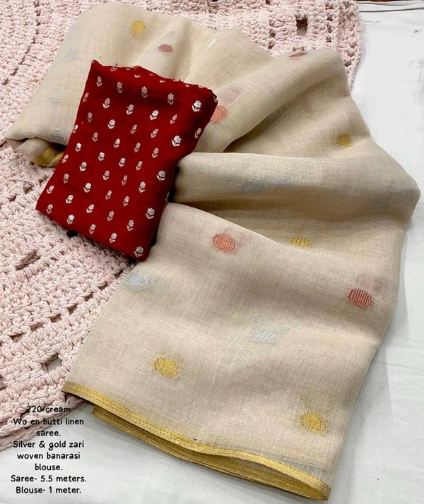 Fashion Hub  Premium Butti Linen Saree with Zari Border and Banarasi Silk Blouse"
