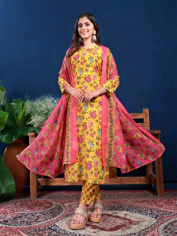 Prayosha Women's Cotton Blend Printed Kurti Set with Pant & Dupatta - Yellow, M