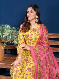 Prayosha Women's Cotton Blend Printed Kurti Set with Pant & Dupatta - Yellow, M