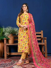 Prayosha Women's Cotton Blend Printed Kurti Set with Pant & Dupatta - Yellow, M