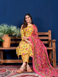Prayosha Women's Cotton Blend Printed Kurti Set with Pant & Dupatta - Yellow, L