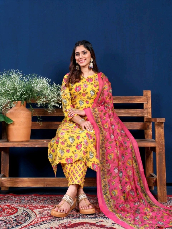 Prayosha Women's Cotton Blend Printed Kurti Set with Pant & Dupatta - Yellow, L