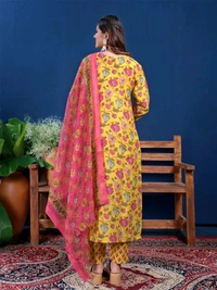 Prayosha Women's Cotton Blend Printed Kurti Set with Pant & Dupatta - Yellow, L
