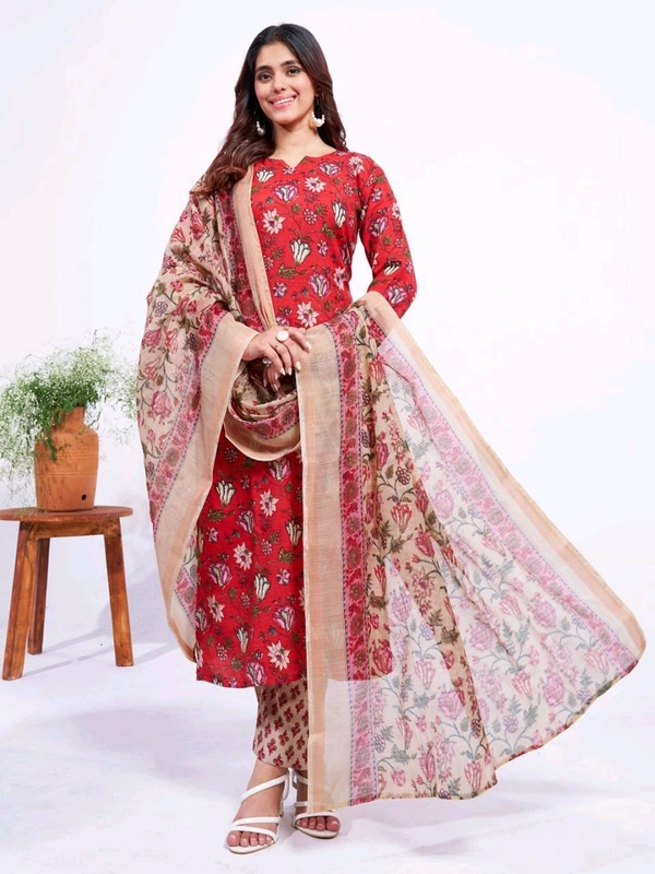 Prayosha Women's Cotton Blend Printed Kurti Set with Pant & Dupatta - Red, XL