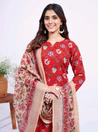 Prayosha Women's Cotton Blend Printed Kurti Set with Pant & Dupatta - Red, XL