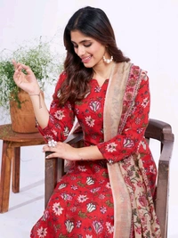 Prayosha Women's Cotton Blend Printed Kurti Set with Pant & Dupatta - Red, XL