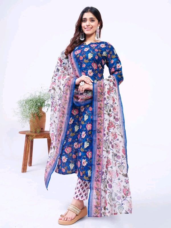 Prayosha Women's Cotton Blend Printed Kurti Set with Pant & Dupatta - Blue, XXL