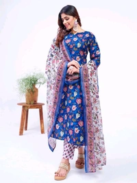 Prayosha Women's Cotton Blend Printed Kurti Set with Pant & Dupatta - Blue, XXL