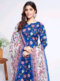 Prayosha Women's Cotton Blend Printed Kurti Set with Pant & Dupatta - Blue, XXL