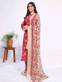Prayosha Women's Cotton Blend Printed Kurti Set with Pant & Dupatta - Red, XXL