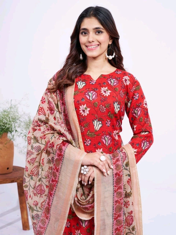 Prayosha Women's Cotton Blend Printed Kurti Set with Pant & Dupatta - Red, XXL