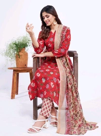Prayosha Women's Cotton Blend Printed Kurti Set with Pant & Dupatta - Red, XXL
