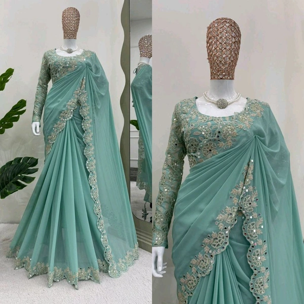 Prayosha Designer Faux Georgette Saree with Coding, Sequins & Real Mirror Work"