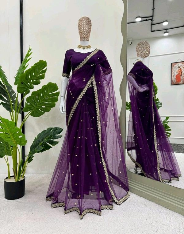 Prayosha Soft Net Saree with Mono Bagloro Silk Blouse – Coding & Sequence Work - Purple