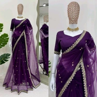 Prayosha Soft Net Saree with Mono Bagloro Silk Blouse – Coding & Sequence Work - Purple