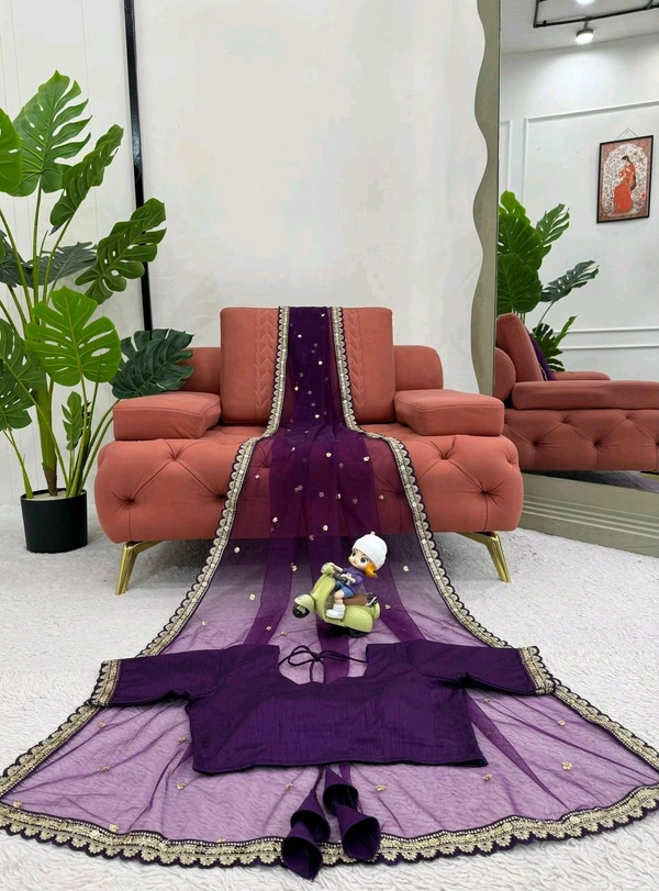 Prayosha Soft Net Saree with Mono Bagloro Silk Blouse – Coding & Sequence Work - Purple