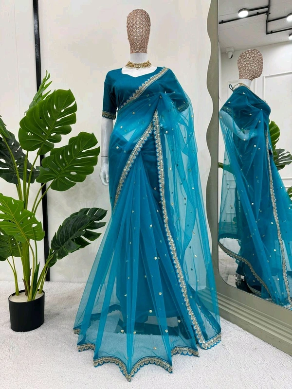 Prayosha Soft Net Saree with Mono Bagloro Silk Blouse – Coding & Sequence Work