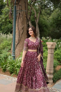 Prayosha Women's  Embroidered Lehenga Set with Dupatta - Wine