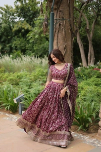 Prayosha Women's  Embroidered Lehenga Set with Dupatta - Wine