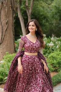 Prayosha Women's  Embroidered Lehenga Set with Dupatta - Wine