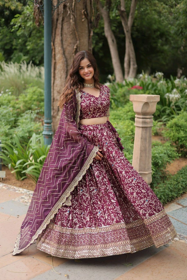 Prayosha Women's  Embroidered Lehenga Set with Dupatta - Wine