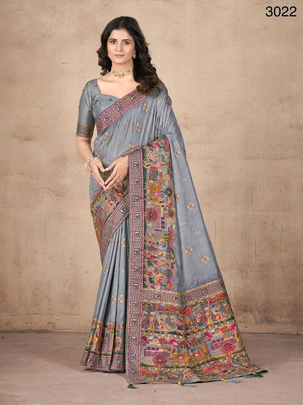 Prayosha Women's Handwork Khatali Pashmina Silk Saree with Unstitched Blouse